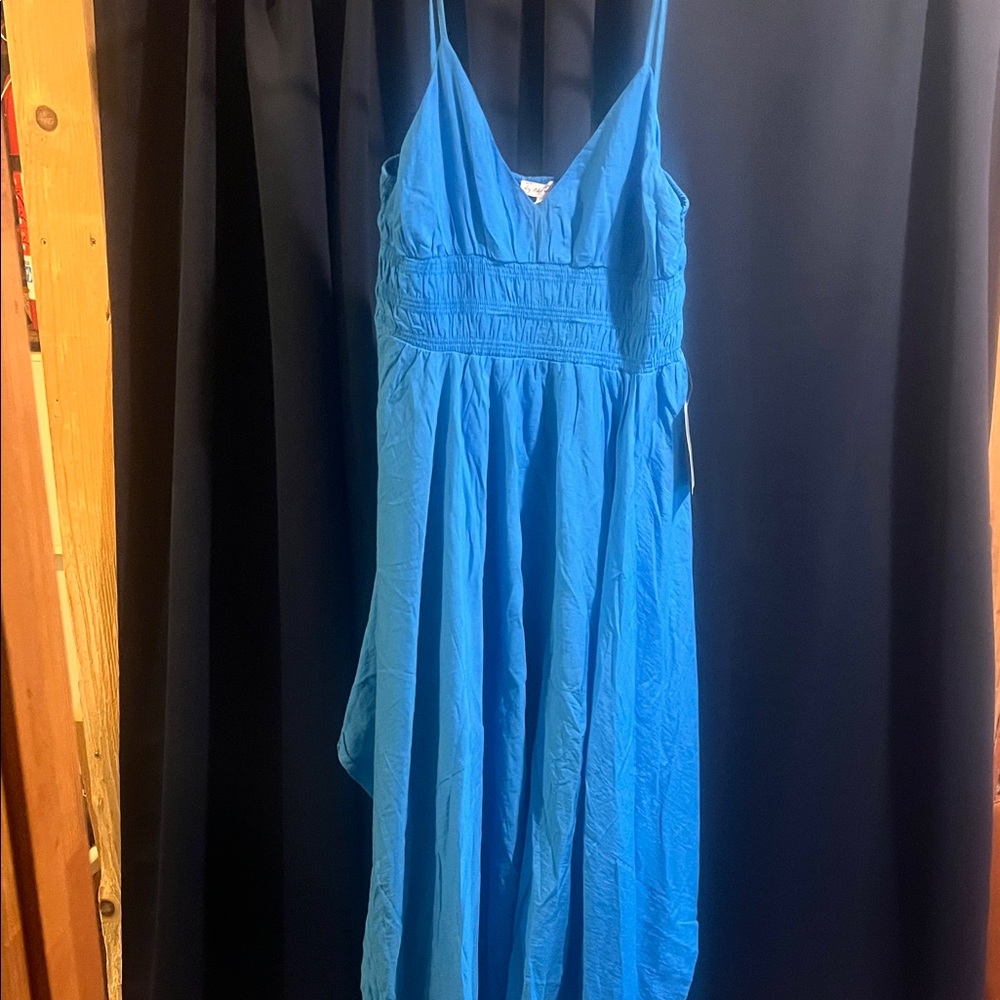 Blue Pleated Asymmetrical Sundress Spaghetti Straps